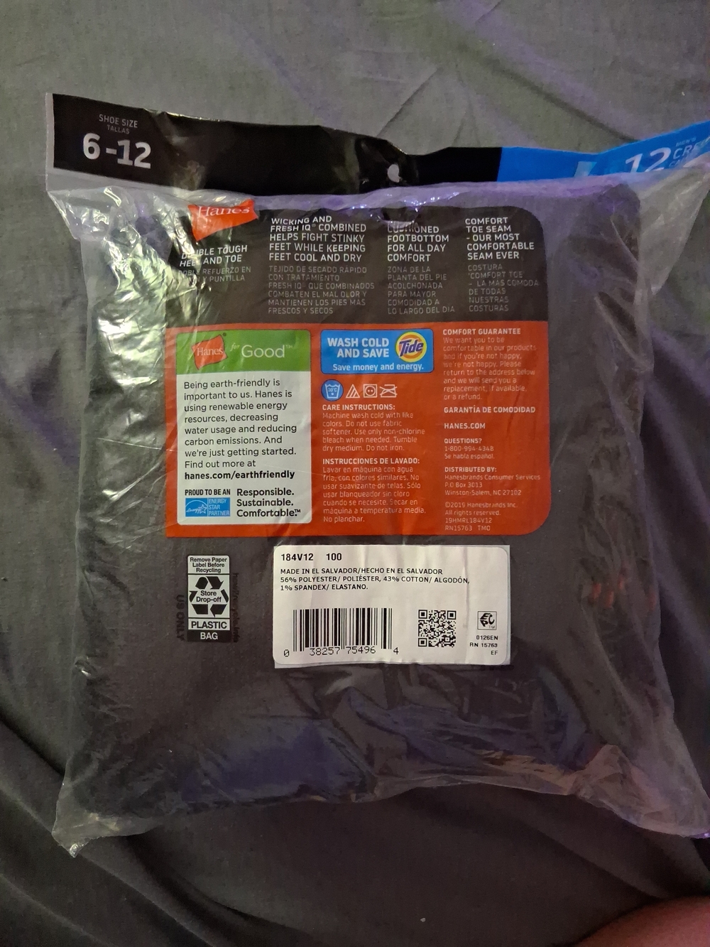 Hanes Men's Cushion Crew Socks - Black (12-Pack) - Picture 2 of 4